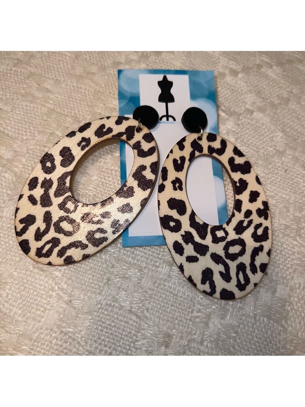Leopard Print Wood Earrings Open Oval Lightweight Statement - Picture 2 of 6